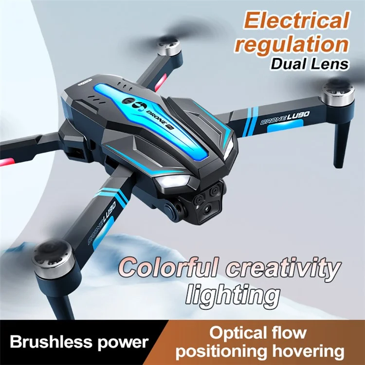 LU90 HD Aerial Photography Optical Flow RC Drone Colorful Light Brushless Motor Quadcopter, 1 Battery - Black+Blue