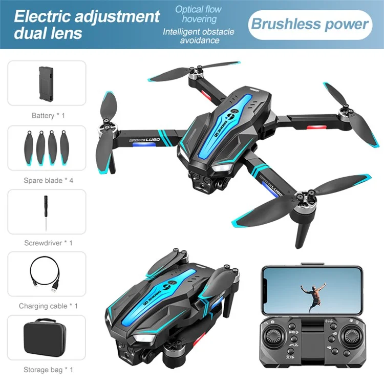 LU90 HD Aerial Photography Optical Flow RC Drone Colorful Light Brushless Motor Quadcopter, 1 Battery - Black+Blue