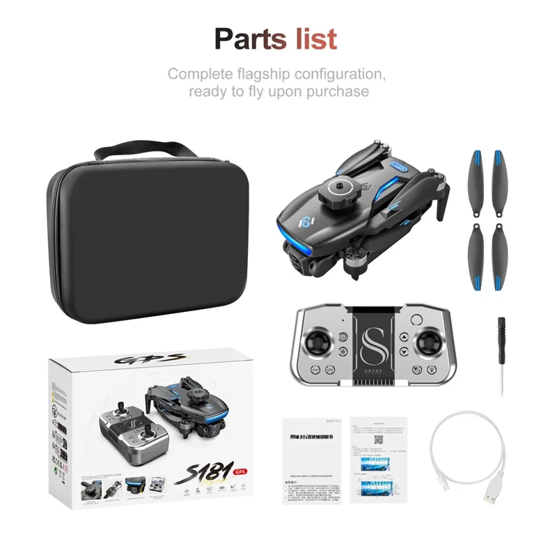 S181 HD Aerial Photography Brushless RC Drone Obstacle Avoidance GPS Positioning Quadcopter, 2 Batteries - Black