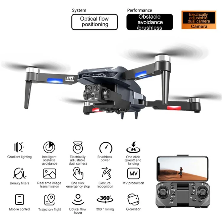 D11 HD Aerial Photography RC Drone Optical Flow Positioning Brushless Quadcopter, 3 Batteries - Blue