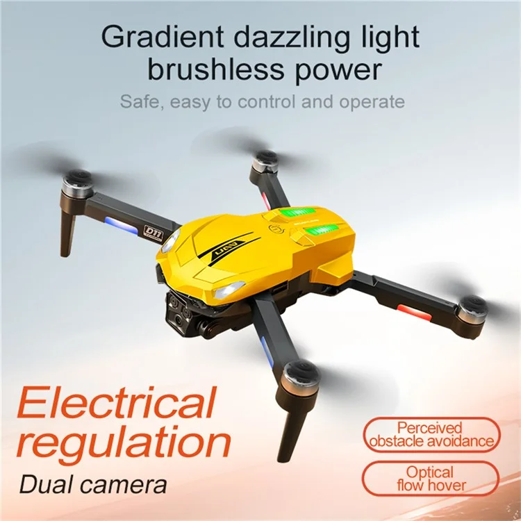 D11 HD Aerial Photography RC Drone Optical Flow Positioning Brushless Quadcopter, 3 Batteries - Yellow