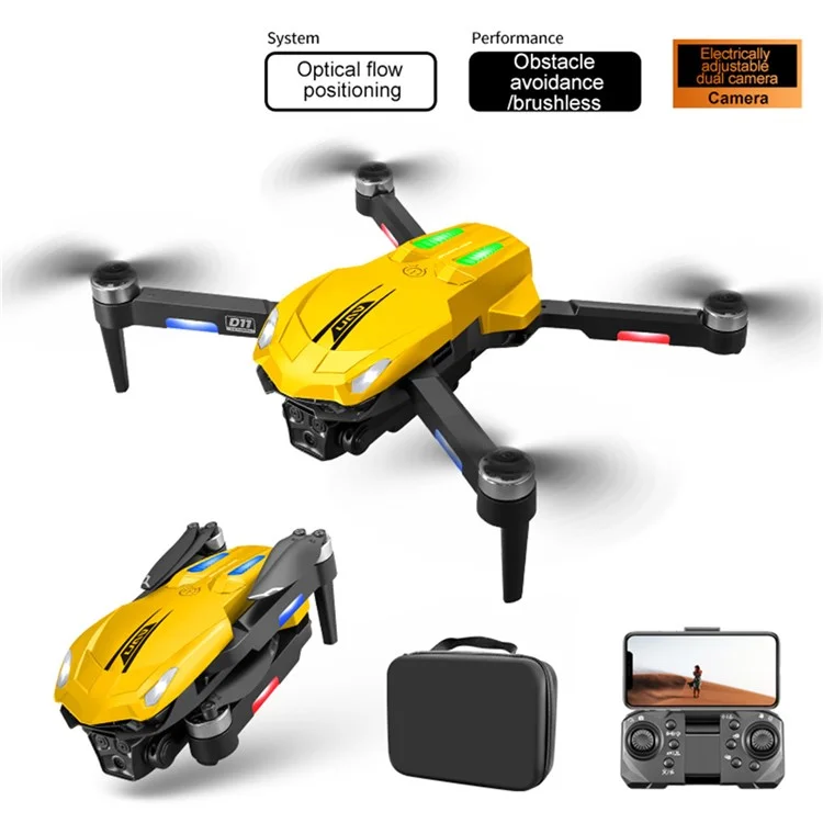 D11 HD Aerial Photography RC Drone Optical Flow Positioning Brushless Quadcopter, 3 Batteries - Yellow