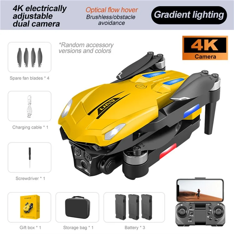 D11 HD Aerial Photography RC Drone Optical Flow Positioning Brushless Quadcopter, 3 Batteries - Yellow