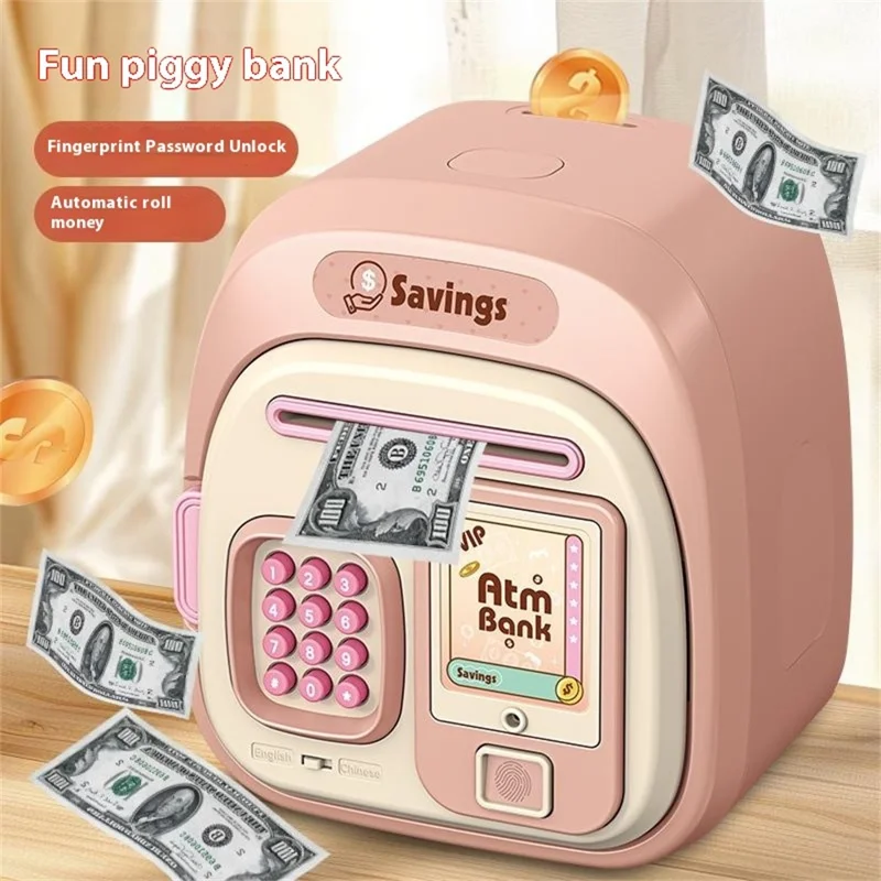 7604 Lösenord + Fingeravtryck Automatiskt Spara Pengar Låda Barn Elektronisk Spargris - Rosa