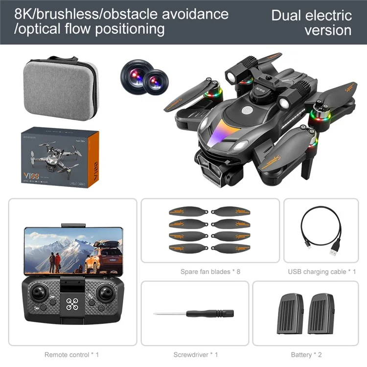 V188 Hindernisvermeidender bürstenloser Quadcopter mit HD-Kamera, Suchscheinwerfer und RC-Drohne, 2 Batterien - Grau