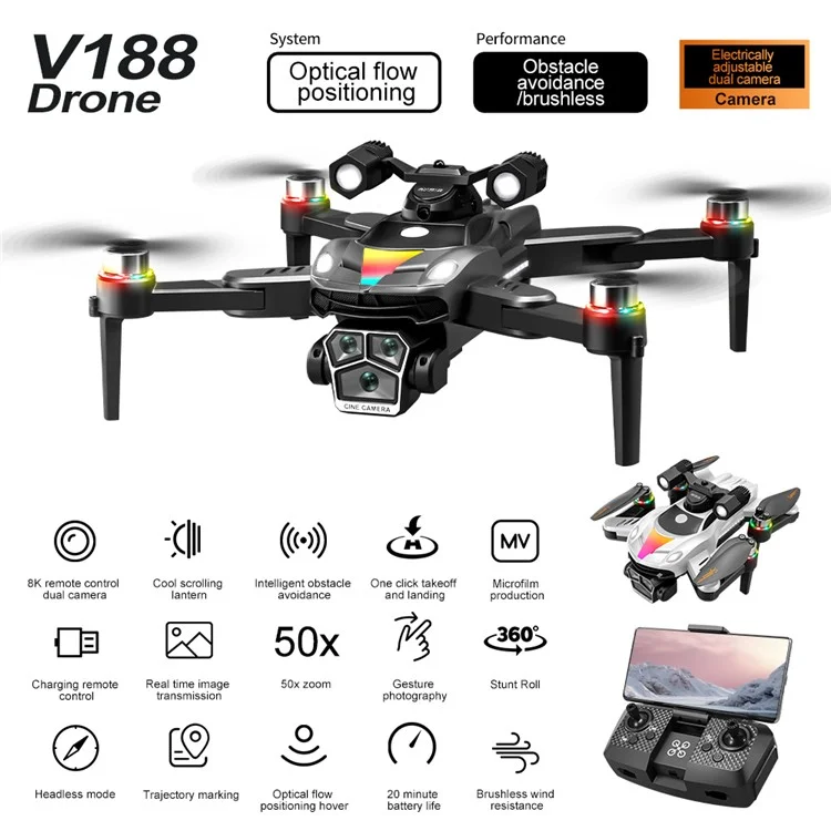 V188 Hindernisvermeidender bürstenloser Quadcopter mit HD-Kamera, Suchscheinwerfer und RC-Drohne, 2 Batterien - Grau