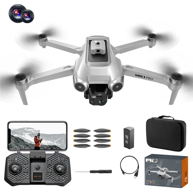 V600 HD Camera RC Drone Obstacle Avoidance Brushless Motor Quadcopter, 1 Battery - Grey