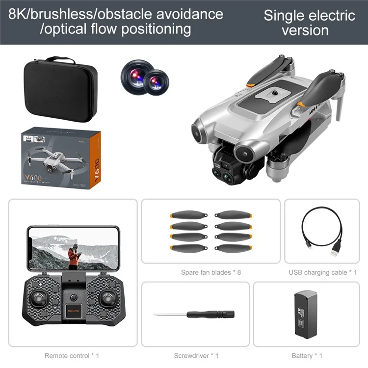 V600 HD Camera RC Drone Obstacle Avoidance Brushless Motor Quadcopter, 1 Battery - Grey
