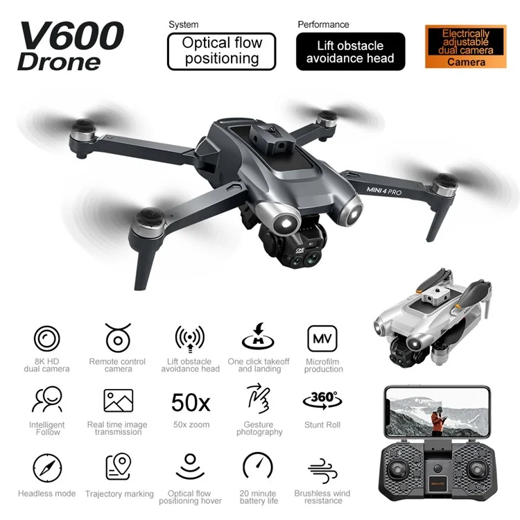 V600 HD Camera RC Drone Obstacle Avoidance Brushless Motor Quadcopter, 1 Battery - Grey