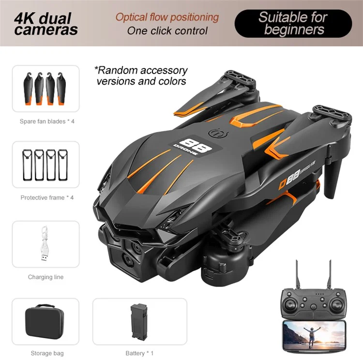 D88 Optical Flow Dual Camera RC Drone Fixed Altitude Aerial Photography Quadcopter, 1 Battery - Black