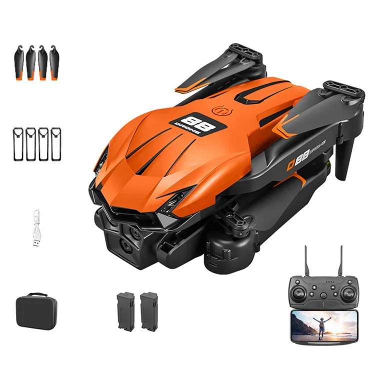 Drone RC à double caméra à flux optique D88, quadricoptère de photographie aérienne avec maintien d'altitude fixe, 2 batteries - Orange