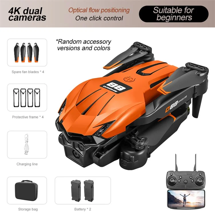 Drone RC à double caméra à flux optique D88, quadricoptère de photographie aérienne avec maintien d'altitude fixe, 2 batteries - Orange