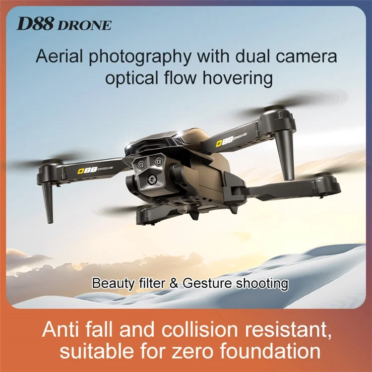 Drone RC à double caméra à flux optique D88, quadricoptère de photographie aérienne avec maintien d'altitude fixe, 2 batteries - Orange