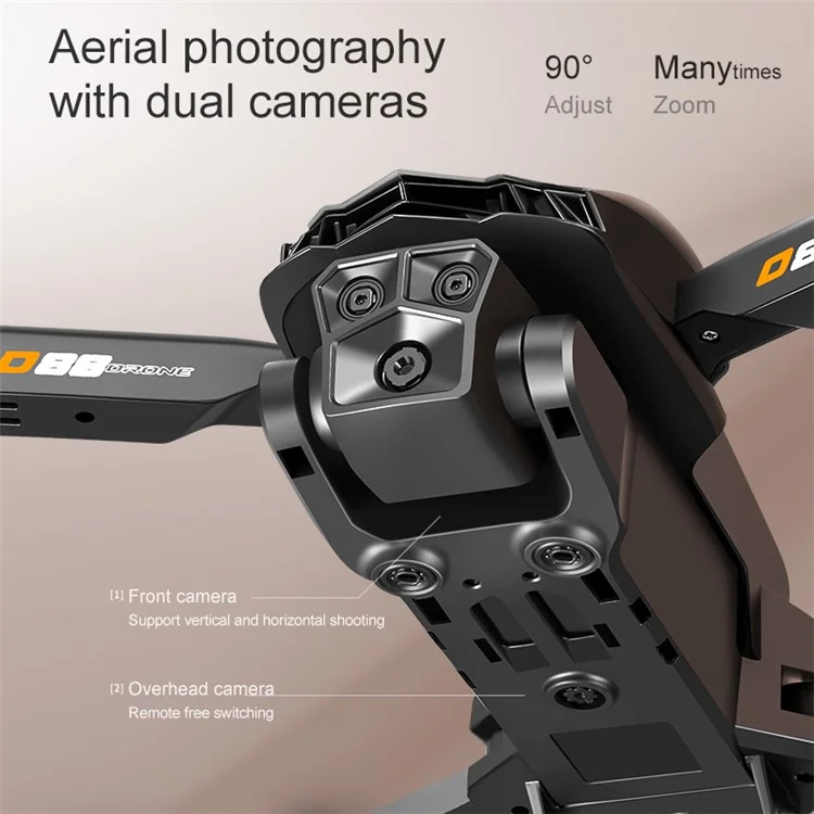 Drone RC à double caméra à flux optique D88, quadricoptère de photographie aérienne avec maintien d'altitude fixe, 2 batteries - Orange