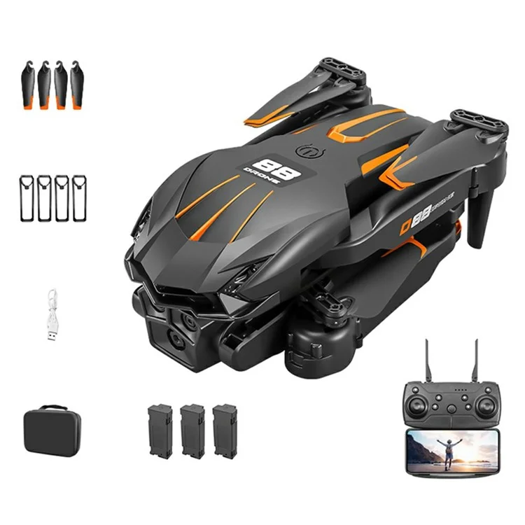 D88 Optischer Fluss Dual Kamera RC Drohne mit fester Flughöhe, Luftbildfotografie Quadcopter, 3 Batterien - Schwarz