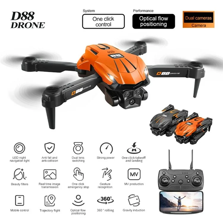 D88 Optischer Fluss Dual Kamera RC Drohne mit fester Flughöhe, Luftbildfotografie Quadcopter, 3 Batterien - Schwarz