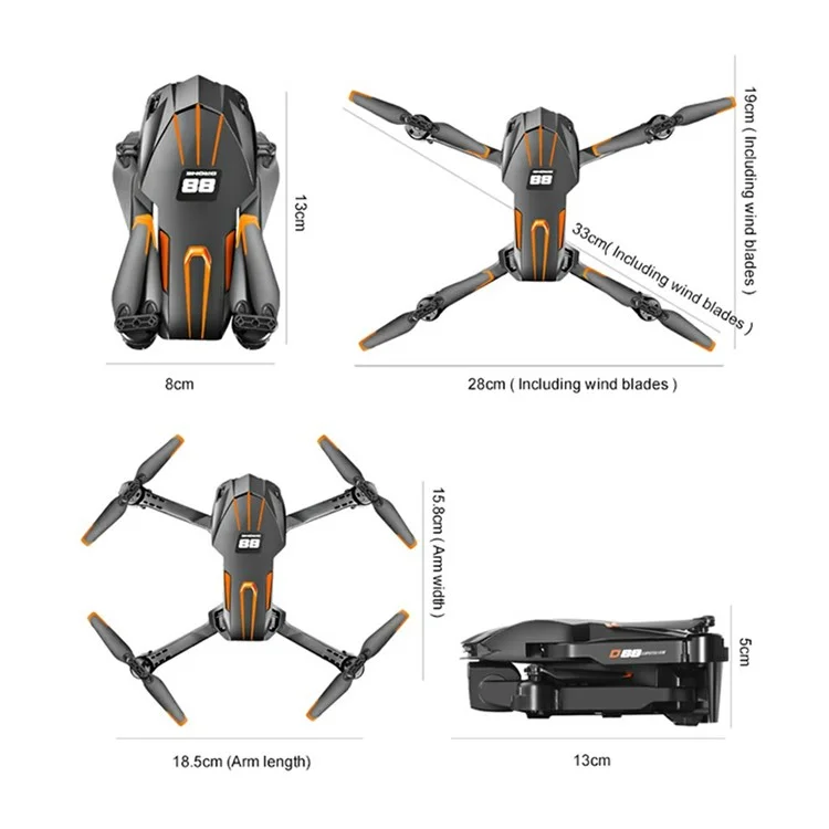 D88 Optischer Fluss Dual Kamera RC Drohne mit fester Flughöhe, Luftbildfotografie Quadcopter, 3 Batterien - Schwarz