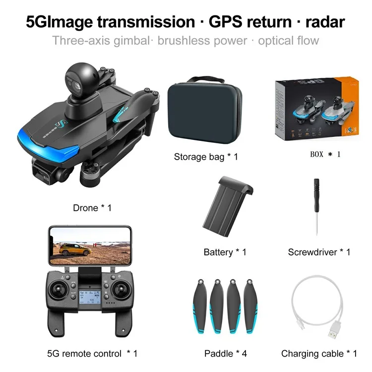 S185 Drone GPS com Evitação de Obstáculos em 4 Direções, Câmera com Gimbal de 3 Eixos, Quadricóptero, Bateria Única - Preto