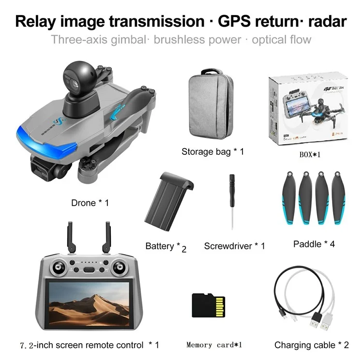 Dron GPS S185 con evitación de obstáculos de 4 vías, cámara con estabilizador de 3 ejes y pantalla grande en el mando a distancia, con 2 baterías - Gris