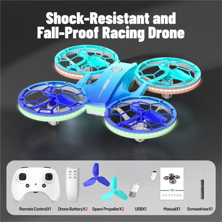 H127 Anfänger-Drohnenrenn-Quadcopter mit buntem LED-Licht und 2 Batterien - Farbverlauf Blau