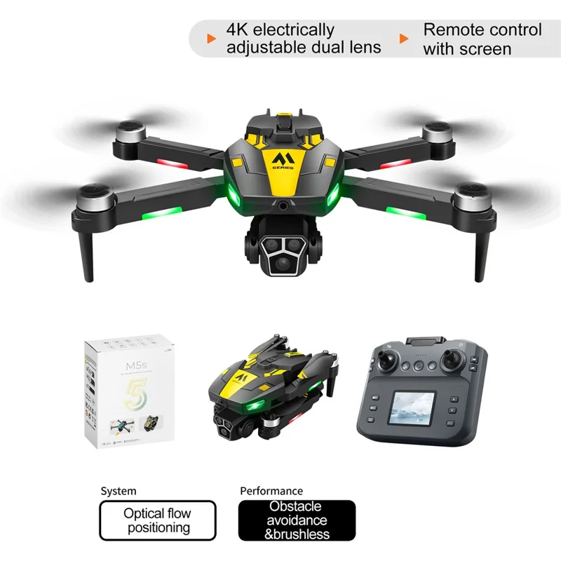 M5s WiFi FPV Optical Flow Positioning Brushless RC Drone 4CH 6 Axis Gyro Quadcopter with Dual HD Cameras ( with 2 Battery ) - Yellow
