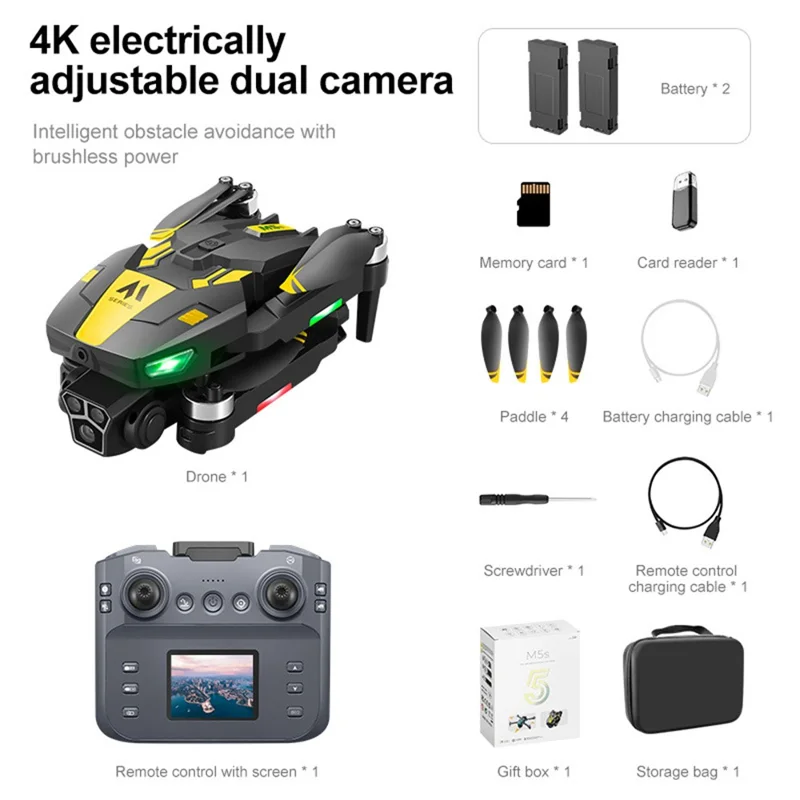 M5s WiFi FPV Optical Flow Positioning Brushless RC Drone 4CH 6 Axis Gyro Quadcopter with Dual HD Cameras ( with 2 Battery ) - Yellow