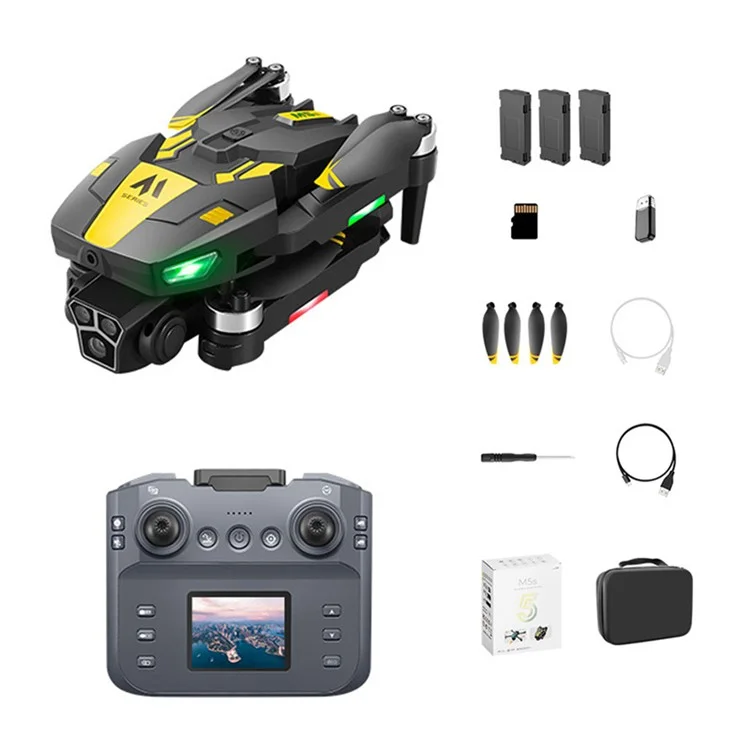 M5s WiFi FPV Optical Flow Positioning Brushless RC Drone 4CH 6 Axis Gyro Quadcopter with Dual HD Cameras ( with 3 Battery ) - Yellow