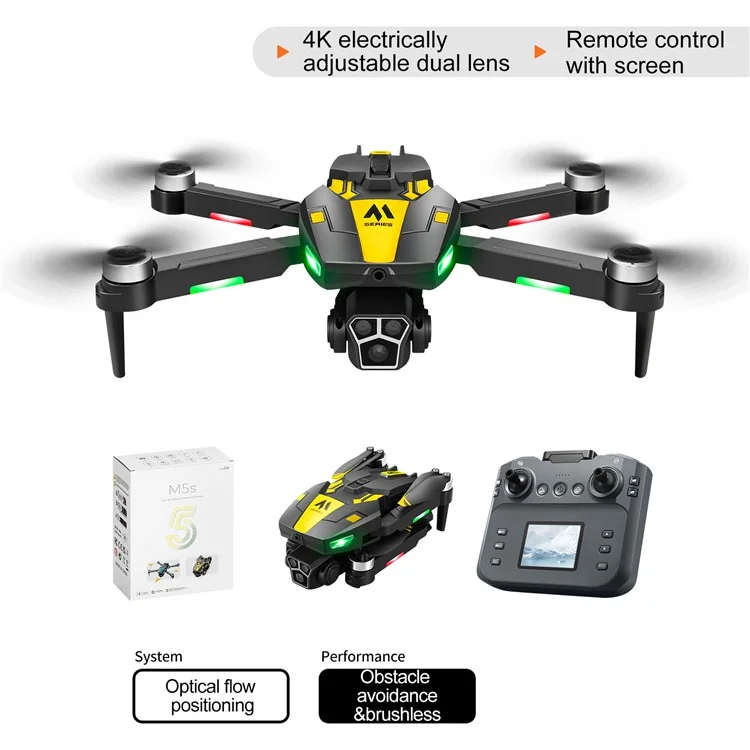 M5s WiFi FPV Optical Flow Positioning Brushless RC Drone 4CH 6 Axis Gyro Quadcopter with Dual HD Cameras ( with 3 Battery ) - Yellow