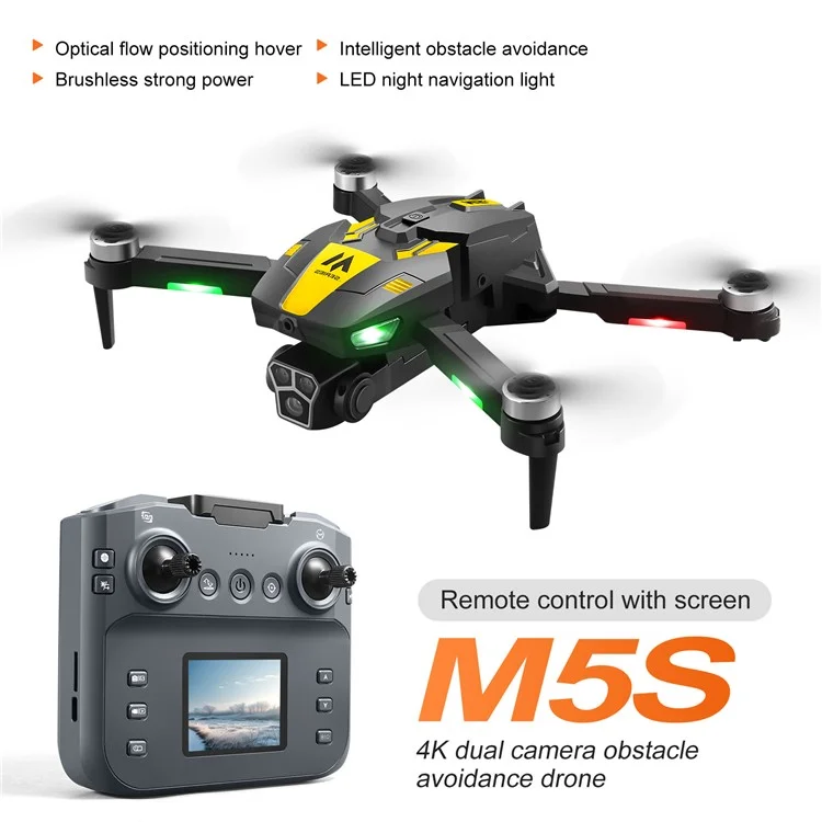 M5s WiFi FPV Optical Flow Positioning Brushless RC Drone 4CH 6 Axis Gyro Quadcopter with Dual HD Cameras ( with 3 Battery ) - Yellow
