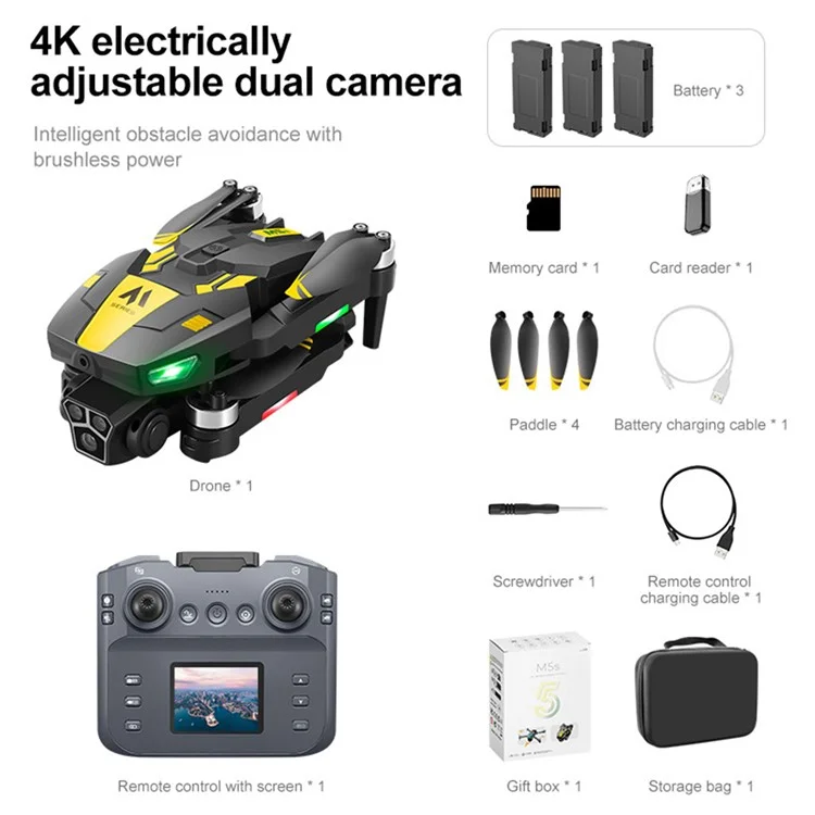 M5s WiFi FPV Optical Flow Positioning Brushless RC Drone 4CH 6 Axis Gyro Quadcopter with Dual HD Cameras ( with 3 Battery ) - Yellow