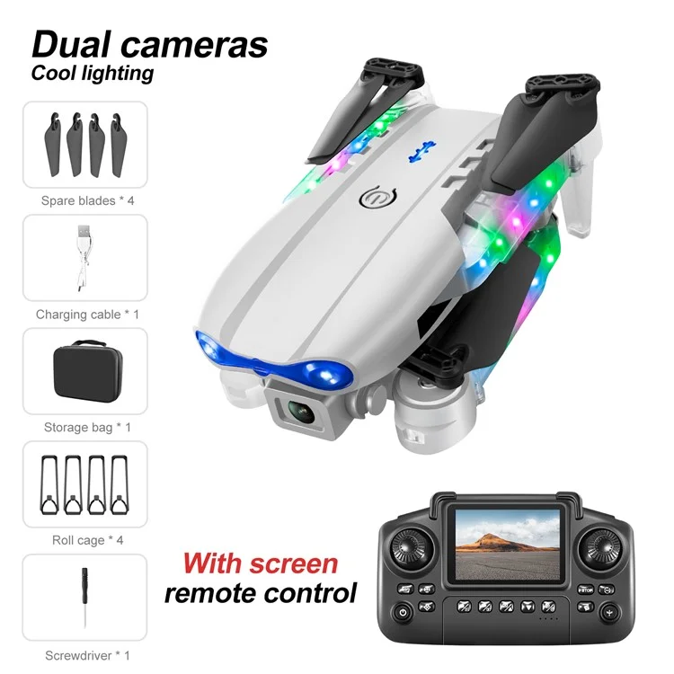 E99D Dron Plegable con Doble Lente, Aeronave Portátil con Efectos de Luz / Control Remoto con Pantalla, Batería Única - E99 Gris