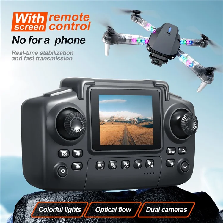 Dron Plegable E99D con Doble Lente, Aeronave Portátil con Efectos de Luz / Control Remoto con Pantalla, Batería Única - Negro E88