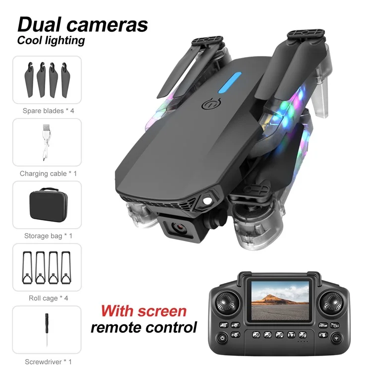 Dron Plegable E99D con Doble Lente, Aeronave Portátil con Efectos de Luz / Control Remoto con Pantalla, Batería Única - Negro E88