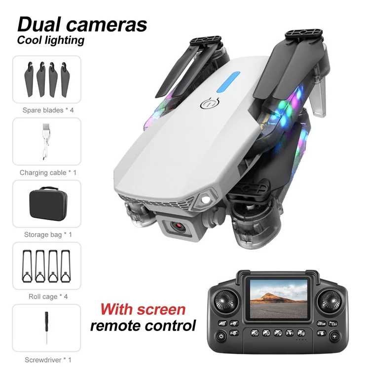 E99D Drone Pieghevole a Doppia Lente con Effetto Luminoso / Telecomando con Schermo, Singola Batteria - E88 Grigio