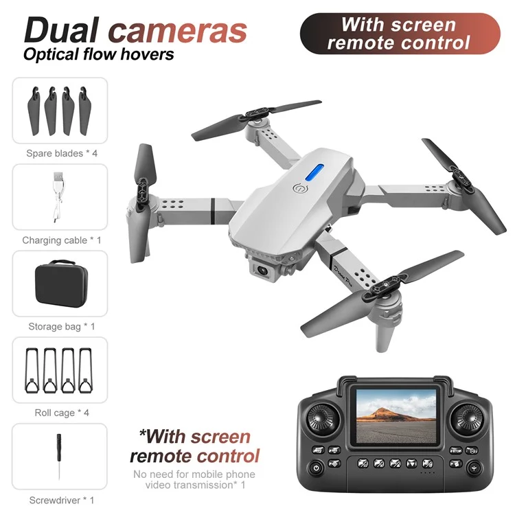 Dron Plegable de Flujo Óptico con Controlador de Pantalla, Sin Luces, Batería Única - E88 Gris