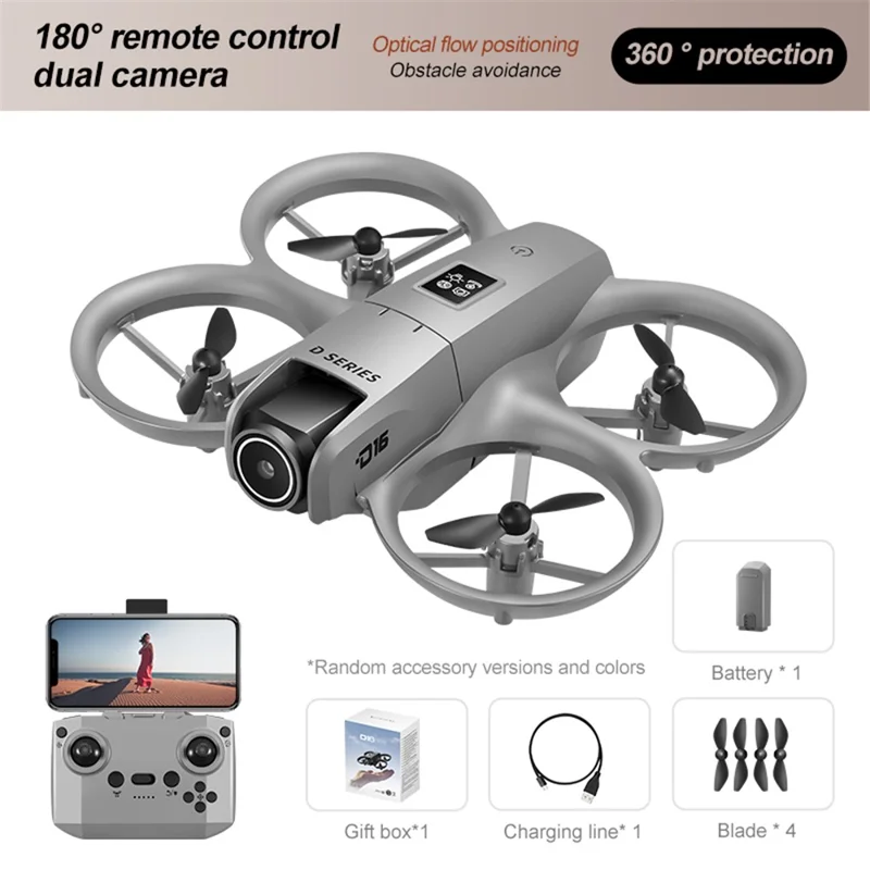 D16 Obstacle Avoidance Mini Drone Dual Camera HD Aerial Photography Quadcopter with 1 Battery - Grey