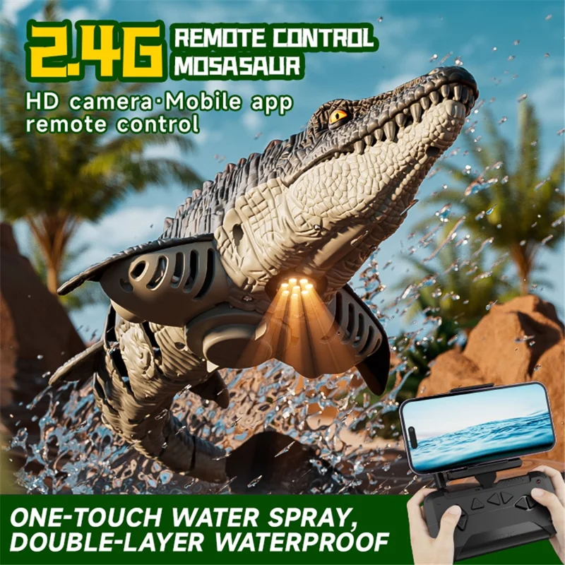 4DRC 4D-S11 2.4G Remote Control Mosasaur Shape RC Boat Water Spraying Toy with Camera, with 2 Battery