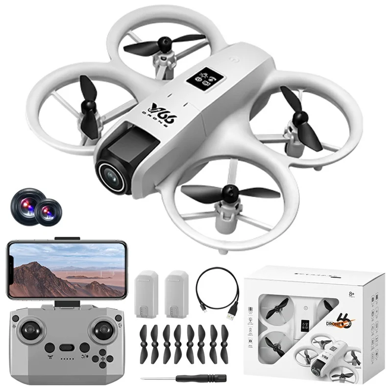 V66 HD Dual Camera RC Drone Optical Flow Obstacle Avoidance Quadcopter with 2 Battery - Grey