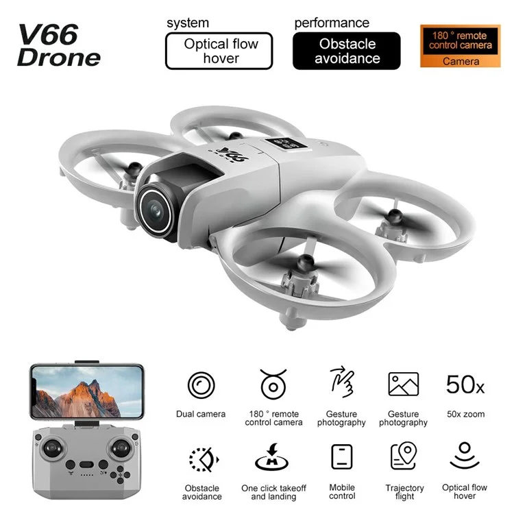 V66 HD Dual Camera RC Drone Optical Flow Obstacle Avoidance Quadcopter with 2 Battery - Grey