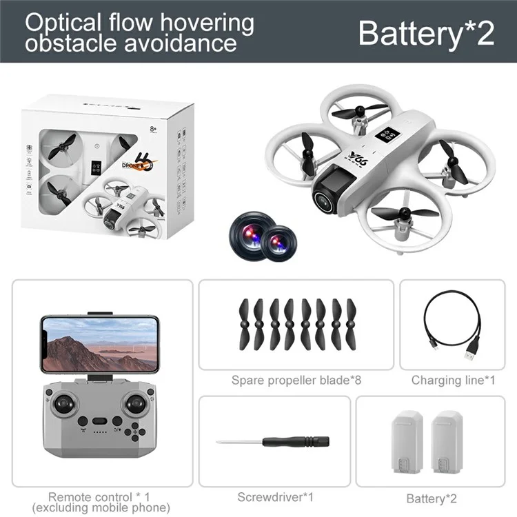 V66 HD Dual Camera RC Drone Optical Flow Obstacle Avoidance Quadcopter with 2 Battery - Grey