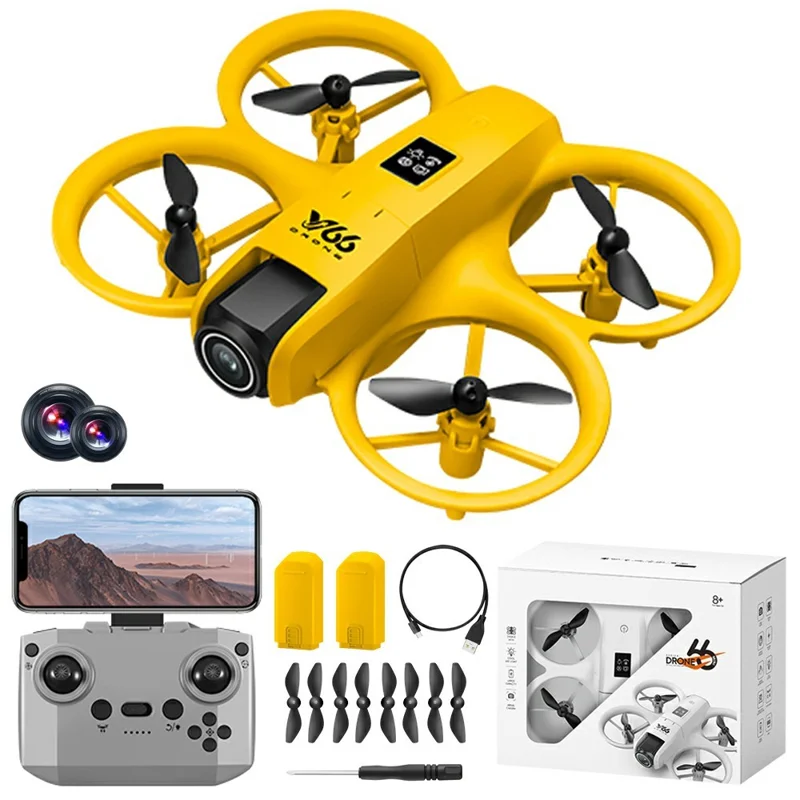 V66 HD Dual Camera RC Drone Optical Flow Obstacle Avoidance Quadcopter with 2 Battery - Yellow