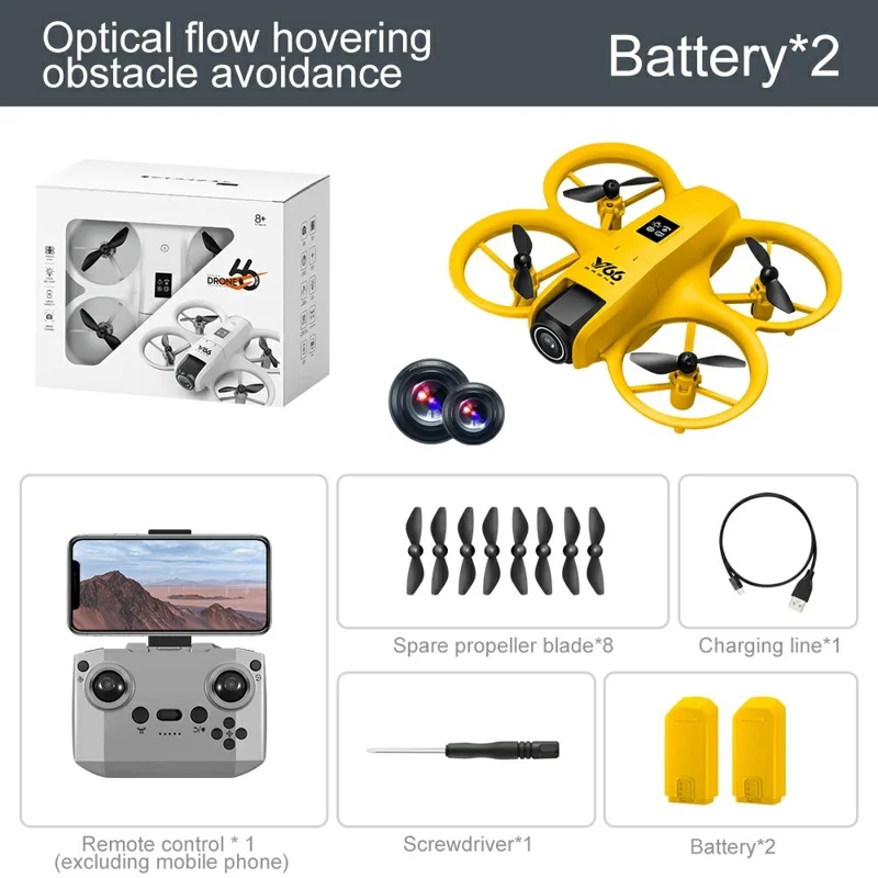 V66 HD Dual Camera RC Drone Optical Flow Obstacle Avoidance Quadcopter with 2 Battery - Yellow