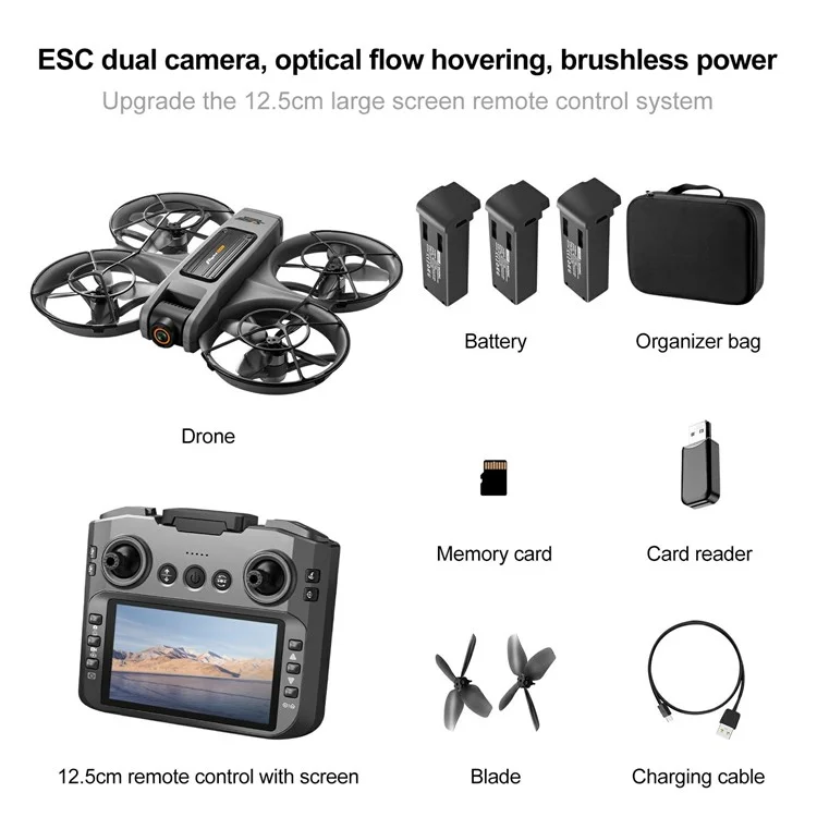 S156 Brushless RC Drone HD Camera Optical Flow Positioning RC Aircraft with Screen Controller, 3 Batteries - Dark Grey