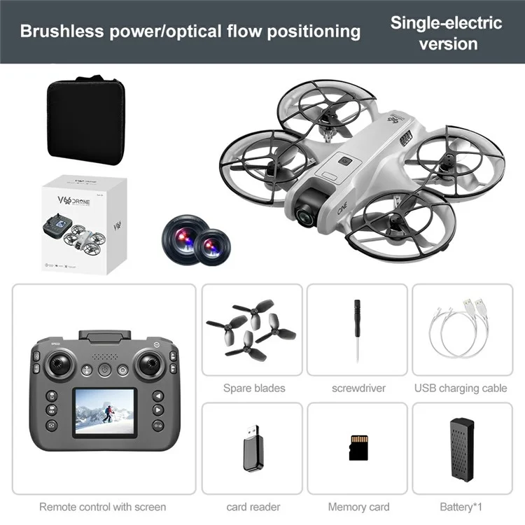 Dron Mini V666 con Doble Cámara HD, Posicionamiento por Flujo Óptico y Pantalla en Mando a Distancia, 1 Batería - Gris