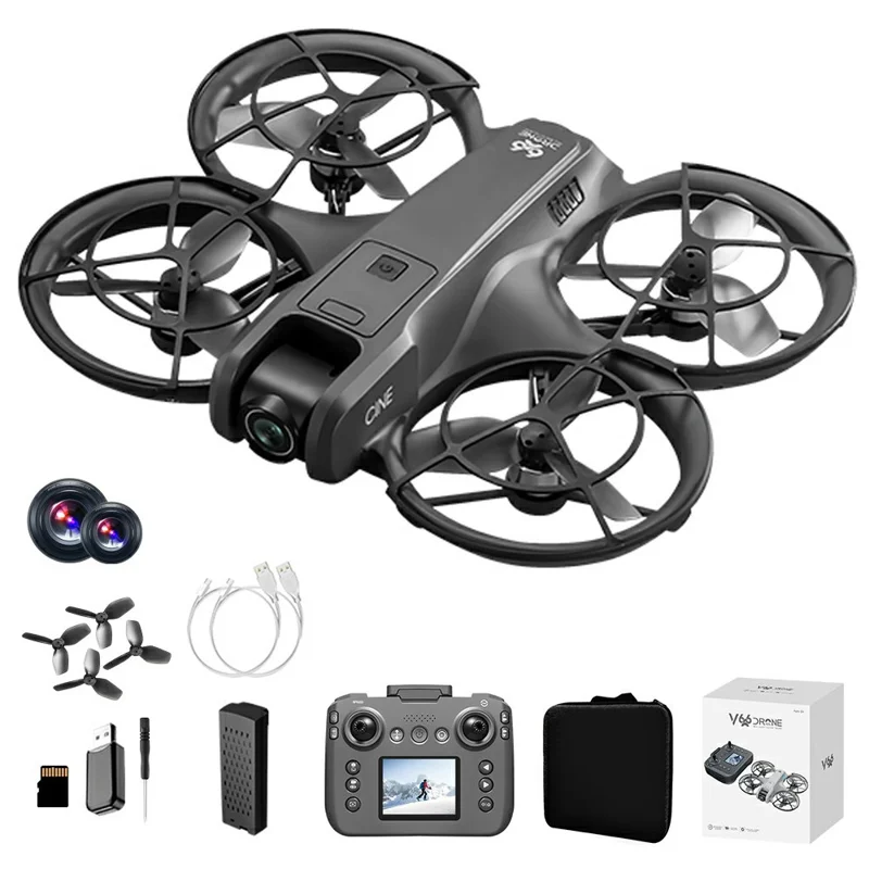V666 Dual HD Camera Mini Drone Optical Flow Positioning RC Aircraft with Screen Remote, 1 Battery - Black