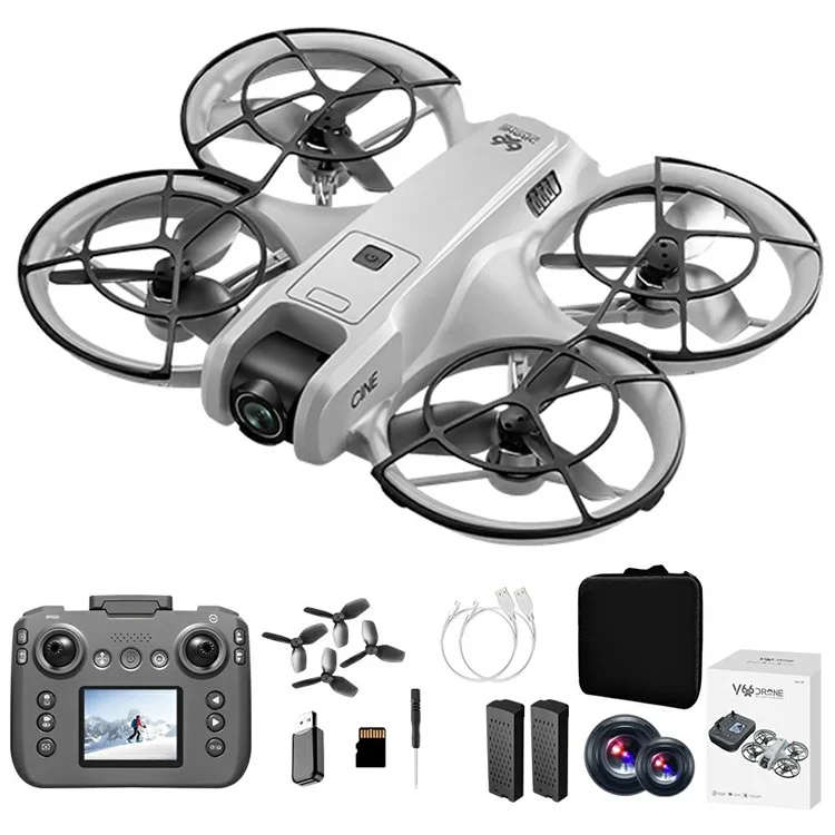 V666 Dual HD Camera Mini Drone Optical Flow Positioning RC Aircraft with Screen Remote, 2 Batteries - Grey