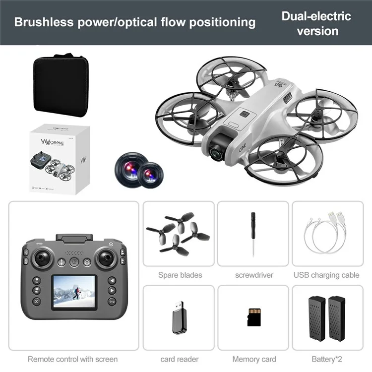 V666 Dual HD Camera Mini Drone Optical Flow Positioning RC Aircraft with Screen Remote, 2 Batteries - Grey