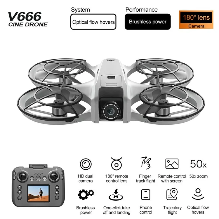 V666 Dual HD Camera Mini Drone Optical Flow Positioning RC Aircraft with Screen Remote, 2 Batteries - Grey