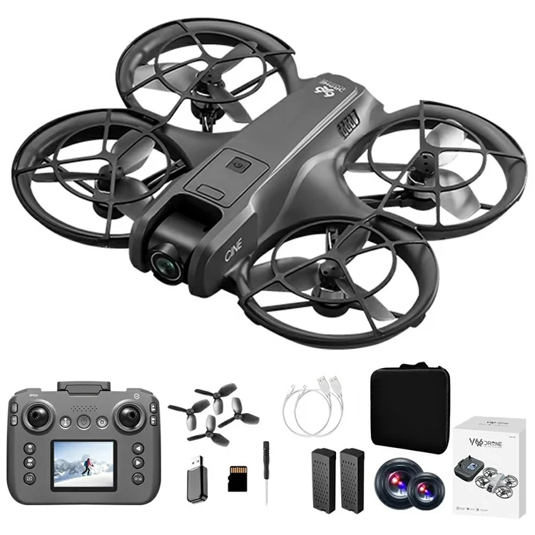 V666 Dron Mini con Doble Cámara HD, Posicionamiento por Flujo Óptico, Aeronave Teledirigida con Pantalla y Mando a Distancia, 2 Baterías - Negro