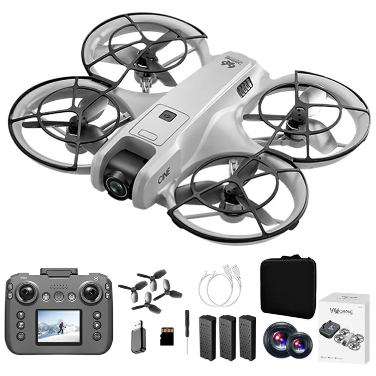 V666 Dual HD Kamera Mini Drohne mit optischer Strömungspositionierung, Fernbedienung mit Bildschirm, 3 Akkus - Grau
